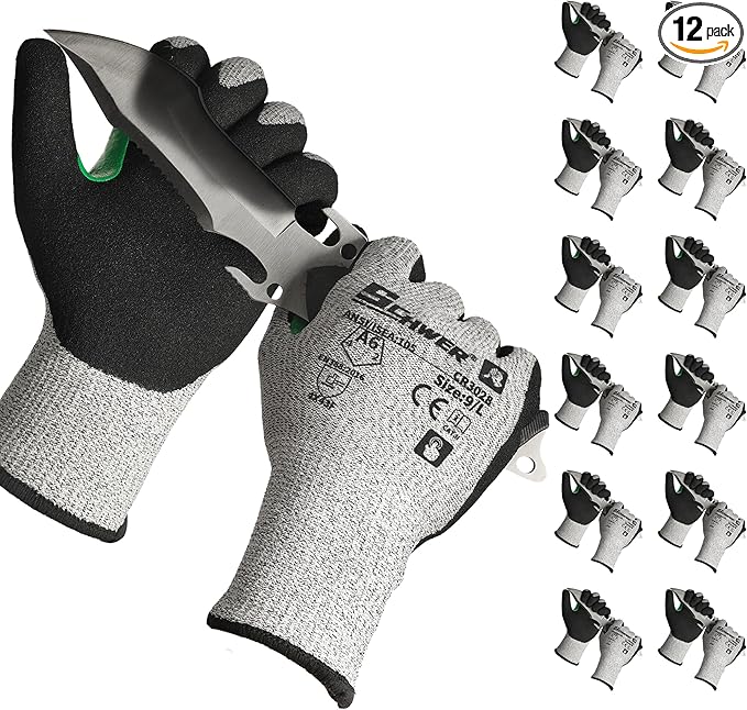 12 Pairs ANSI A6 Cut Resistant Work Gloves, Cut Proof Gloves with Sandy Nitrile Coating, Reinforced Thumb Work Gloves Used for Metal Fabrication, WoodWorking, Construction, Non Slip, Durable, M,CR3028