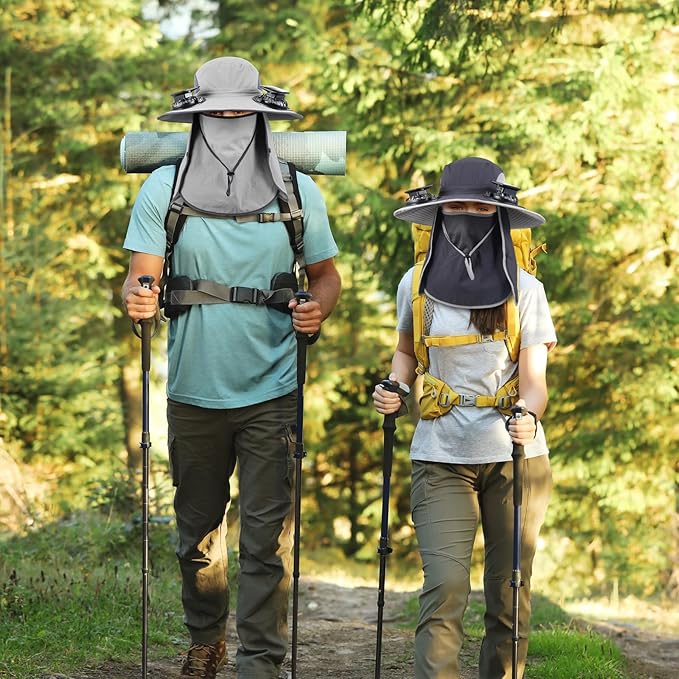 2 Pcs Solar Fan Hats Wide Brim Fishing Hats with 2 Solar Fan and Removable Face Cover Cooling Buckets for Men Women