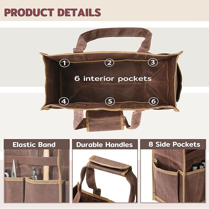 Tool Bag, Heavy Duty 16oz Waxed Canvas Water-Resistant Tool Pouches, Tool Tote with Handle for Tools, Wrenches, Screwdrivers (16.5 X 7 X 12 inch) | Brown