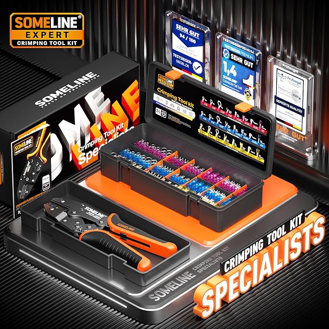 SOMELINE Heat Shrink Wire Connectors and Crimping Tool Kit, 24 Types (UL Listed) Marine Automotive Terminals, 22-10 AWG Ratchet Crimper - Waterproof Ring Fork Spade Piggyback Butt Splices (104 Pcs)