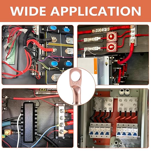 6 AWG Pure Copper Ring Terminal Kit (62 Pcs) - 30 Battery Lugs (1/4", 5/16", 3/8", 1/2") with 32 Heat Shrink Tubes for 6 Gauge Wire in Automotive, Solar, Inverter, Marine, RV Applications