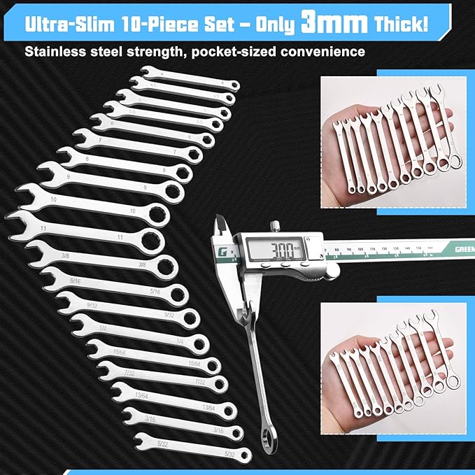 20Pcs Ultra-Thin Standard Metric and SAE 4mm-11mm & 5/32"-7/16" Mini Wrench Set Stainless Steel Open End and Box End Combination Wrench Set with Circle Ring,Gate Clip in Pouch