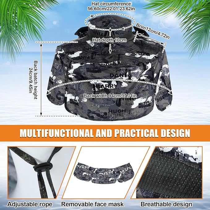 Chuarry Wide Brim Sun Hat with 2 Fan Outdoor Solar Powered USB Charging Fishing Hat with Neck Flap for Men Women