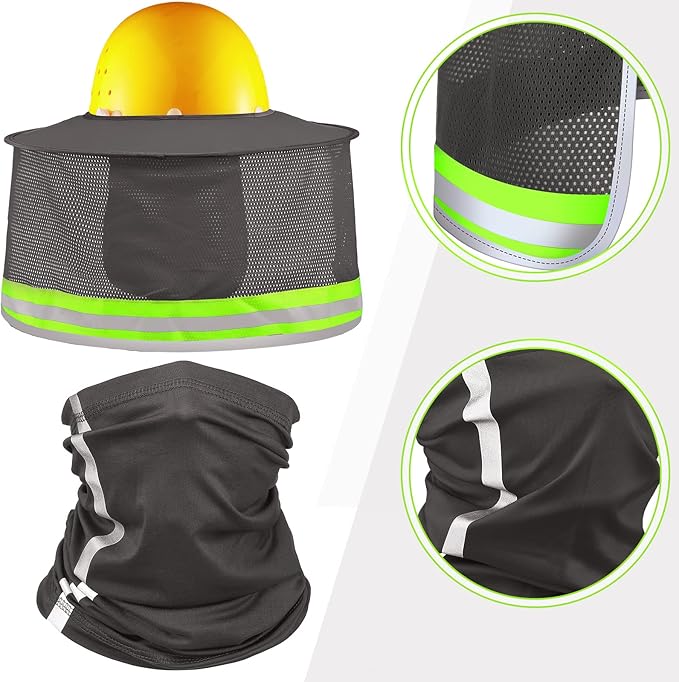 SATINIOR 3 Pcs Sun Hard Hat Neck Protection High Visibility Full Brim Mesh Sun Protection Bandana Headband Arm Sleeves with Reflective Strap for Construction Helmet Hard Hat(Dark Gray)