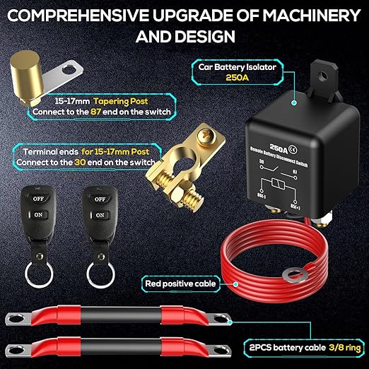 Top Post Remote Battery Disconnect Switch 12V, 250A Negative Battery Cut Off Switch Anti-Theft Kill Switch Kit Upgrade Prevent Battery Drain for Car Truck, RV Auto, Boat,Vehicle etc
