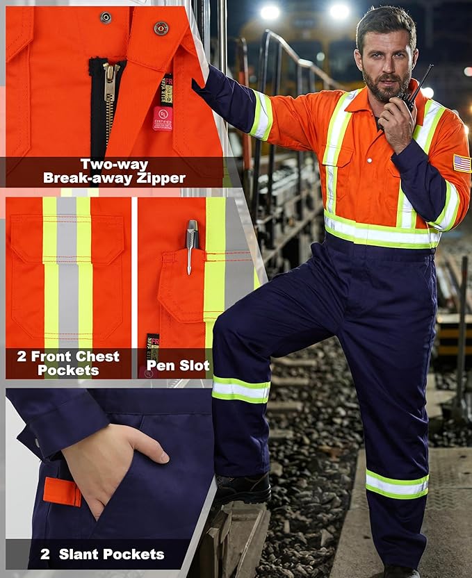 BOCOMAL FR Coveralls Men High Visibility 7.5oz Cotton Twill Flame Resistant Fire Retardant Work Coverall NFPA2112 HRC2