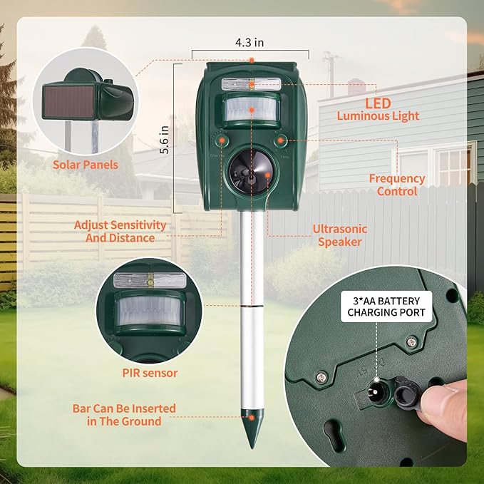Upgraded Solar Ultrasonic Squirrel Deer Repellent Devices Motion Detection 5 Adjustable Modes, Cat Raccoon Rabbit Dog Deterrent, Animal Repellent with LED Waterproof for Yard