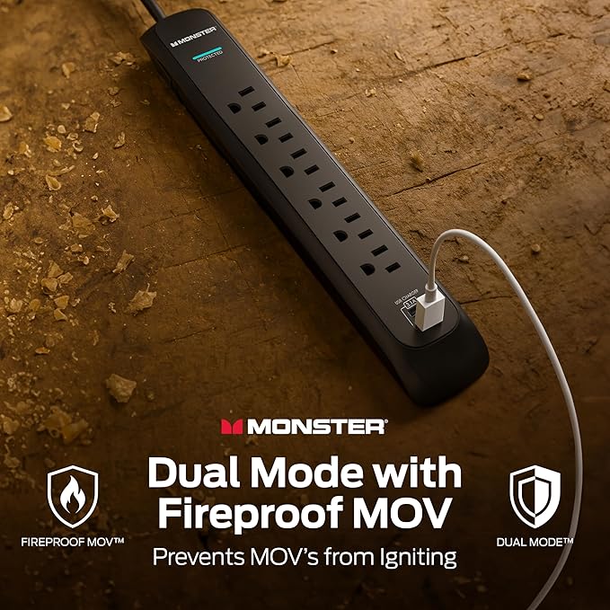 Monster Power Surge Protector w/ 1200 Joule Rating — Heavy Duty 6 FT Surge Protector Power Strip w/ 6 120V Outlets, 2 USB-A Ports — Fireproof MOV, Dual Mode, Clean Tech for Home & Office (Black)