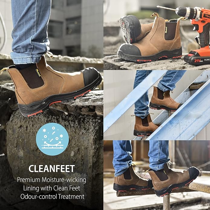 Mens Work Boots Steel Toe Chelsea Safety Boots Cow Leather Waterproof Lightweight Working Shoes