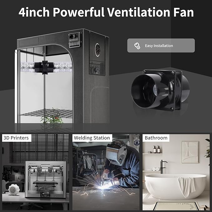 120mm 12V Exhaust Duct Fan Kit with Dual 4" Flange Adapters Stepless Speed Controller High-CFM for 3D Printer Laser Engraver Soldering Fume Extractor Grow Tent and DIY Ventilation Projects