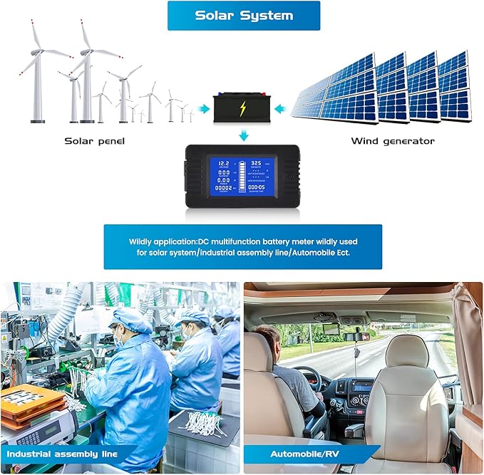 DC Multifunction Battery Monitor Meter with Shunt,0-200V,0-500A, LCD Display Digital Current Multimeter Voltmeter Ammeter for Cars RV Solar,Widely Applied to 12V/24V/48V RV/Car Battery…