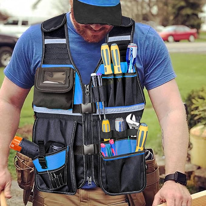 Electrician Tool Vest for Men, Tool Vest Electrician with Molded Drill Holster, 1680D Heavy Duty Adjustable Work Vest, Reflective Workwear with 16 Storage Spaces (Blue)