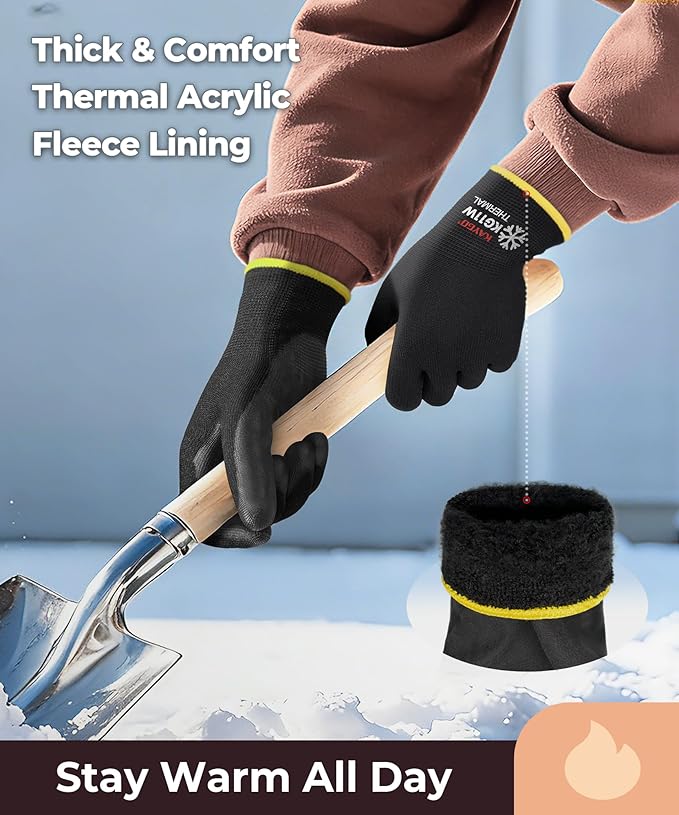 KAYGO 12 Pairs Winter Work Gloves for Men and Women, Thermal Insulated Safety Work Gloves PU Coated, Super Grip,Ideal for Freezer Work,Black,M