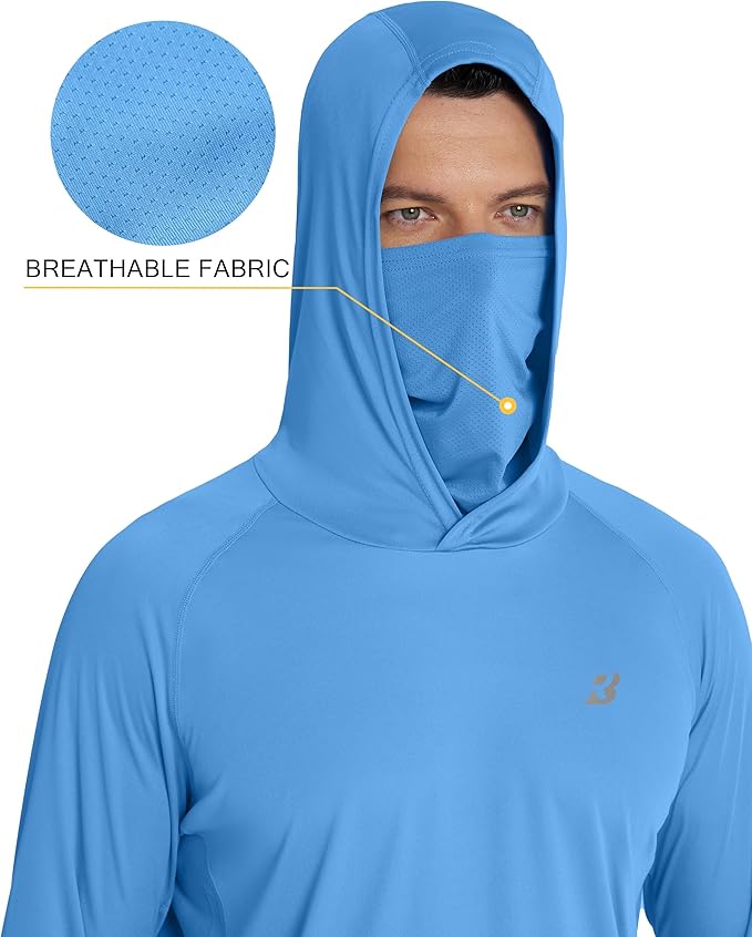 Roadbox Men's UPF 50+ Hooded Fishing Shirts Long Sleeve Sun Protection Hoodie, Hiking Running Swimming Rash Guard with Mask