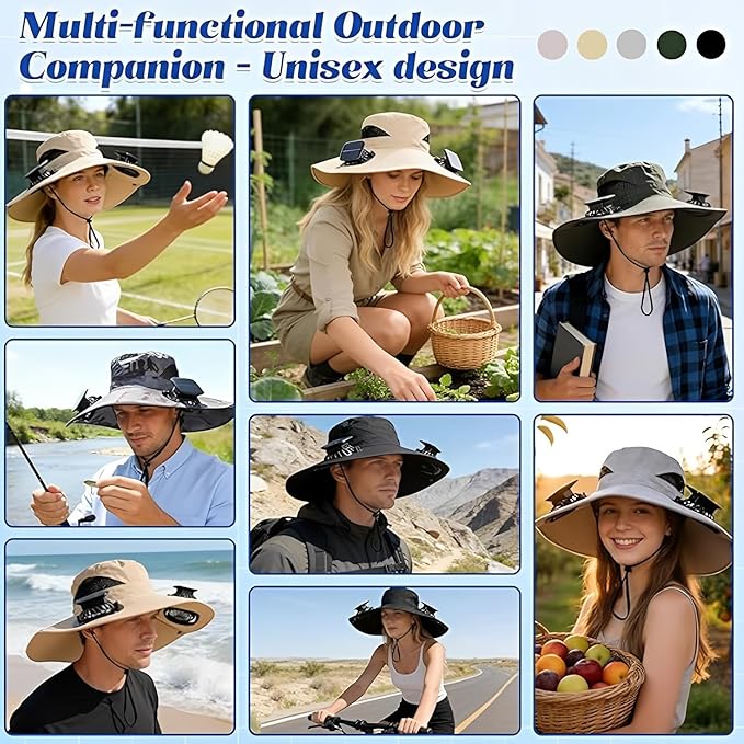Hat with Fans Solar Power, 2-in-1 UPF 50+ Wide Brim Sun Hat, Fishing Essentials for Camping Hiking Beach Summer Safari