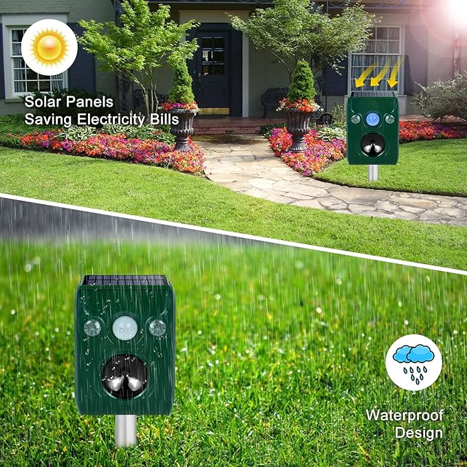 Solar Animal Repeller. Ultrasonic Animal Repellent. with Flashing LED Light and Alarm to expel Cats, Dogs, Squirrels, Deer, Raccoons, Skunks, Rabbits, Foxes, etc