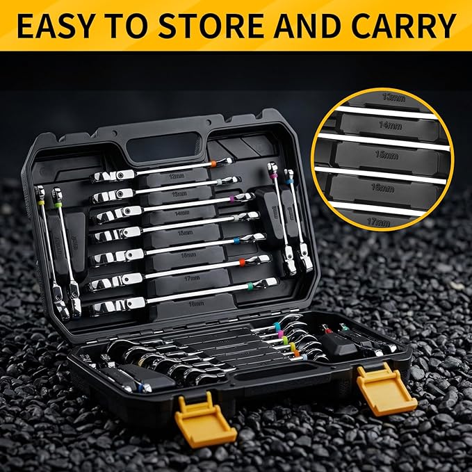 23PCS Flex-Head Ratcheting Wrench Set, Combination Ratchet Wrenches Set Metric and Standard & SAE with Organizer Box, 6-18mm & 1/4" to 3/4" with Color Ring, CRV Socket Mechanic Tools Sets