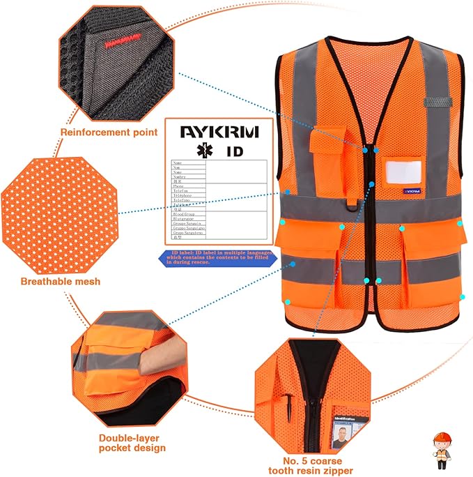 A-SAFETY High Visibility Mesh Safety Reflective Vest with Pockets and Zipper,Hi Vis Viz Reflective Safety Vest(Orange Mesh M)