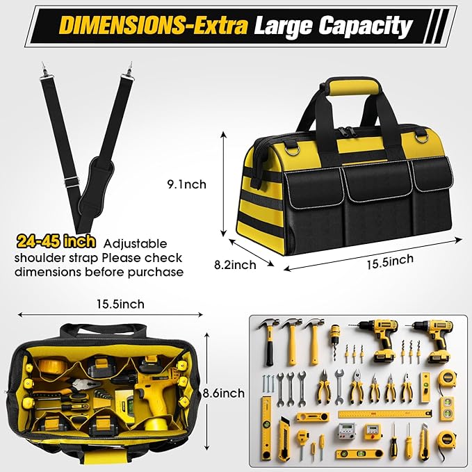 16-Inch Heavy Duty Tool Bag, 19-Pockets Tool Box Organizer, Portable Toolbag W/Soft Handle for Organized Storage, Mechanic Gifts for Men Dad Husband Fathers Day, Wide Mouth Electrician Toolbox, Yellow