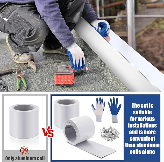 Tandefio 2 Rolls Aluminum Flashing Roll 4 Inch X 25 ft, 0.5 mm Thickness Roof Flashing Metal Flashing Aluminum Sheet Metal Roll with Cut Proof Gloves and Stainless Steel Nail for Roofing Stain
