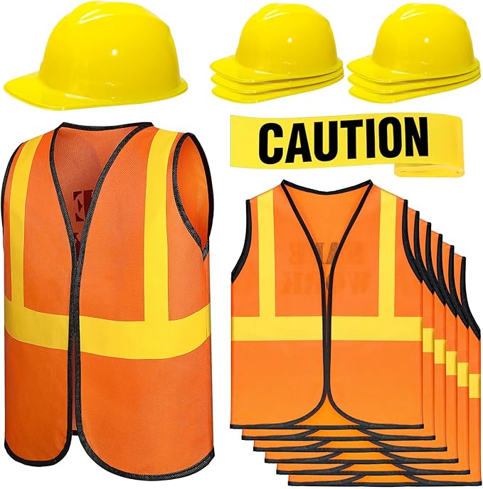 Hillban 13 Pcs Construction Birthday Party Supplies 6 Kids Construction Vests 6 Kids Hard Hat 1 Caution Tape Dressing up for Birthday Party Costume
