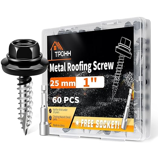 60 PCS #10 x 1 Hex Head Metal Roofing Screws with Bit, Black Painted Head Sheet Roof Screw with EPDM Washer, High-Low Thread, Self-Tapping Metal to Wood Screws for Roofing & Siding - TPOHH