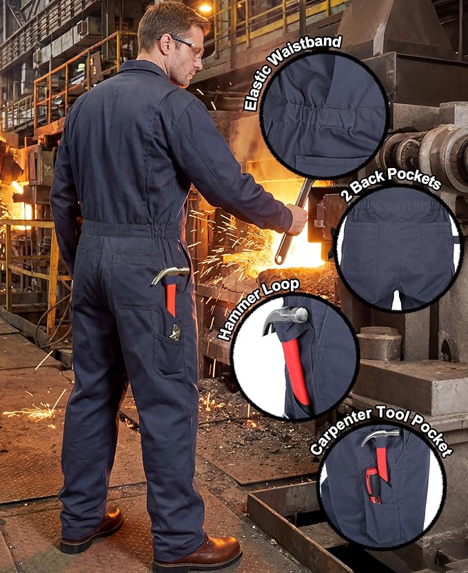 BOCOMAL FR Coveralls Men 7.5oz Cotton Twill Flame Resistant Fire Retardant Work Coverall NFPA 2112 HRC2