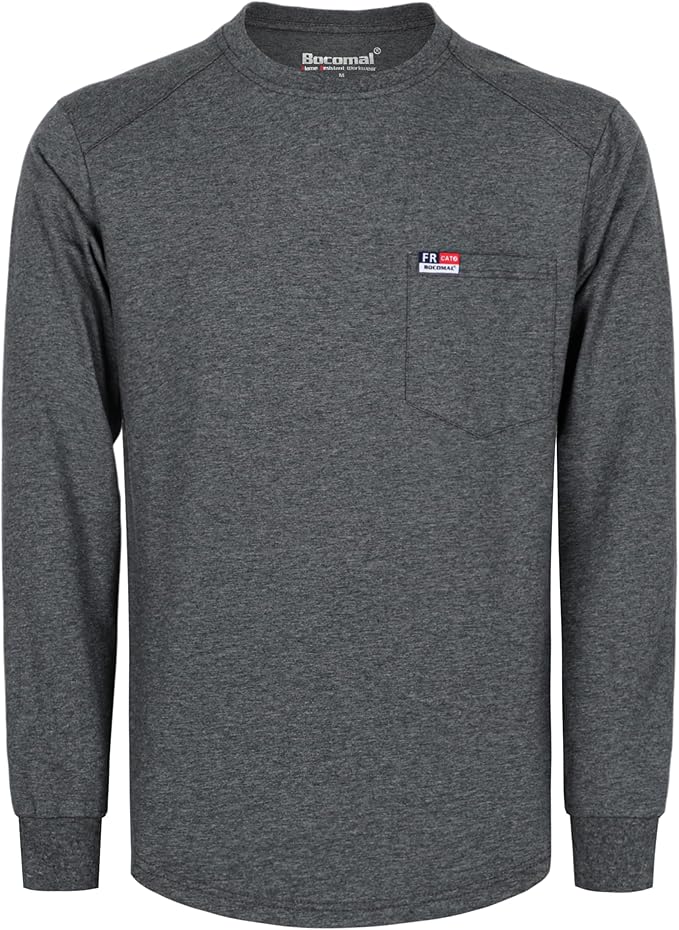 BOCOMAL Men's FR Shirts Long Sleeve Crewneck EX Soft Heather Series 6oz Midweight Flame Resistant Work T Shirt CAT2