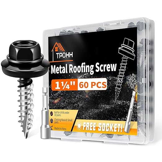 60 PCS #10 x 1-1/4" Hex Head Metal Roofing Screws with Bit, Black Painted Head Sheet Roof Screw with EPDM Washer, High-Low Thread, Self-Tapping Metal to Wood Screws for Roofing & Siding - TPOHH