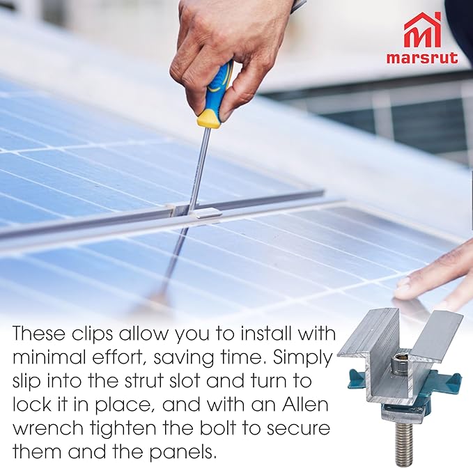 20Pcs Solar Panel Clamps for Unistrut System Mount, Clips Bracket Mounting Hardware, Wide PV Photovoltaic Support Mid Mount, Adjustable Secure Aluminum Kit with Bolt Nut Fit Standard Roof Solar Panel