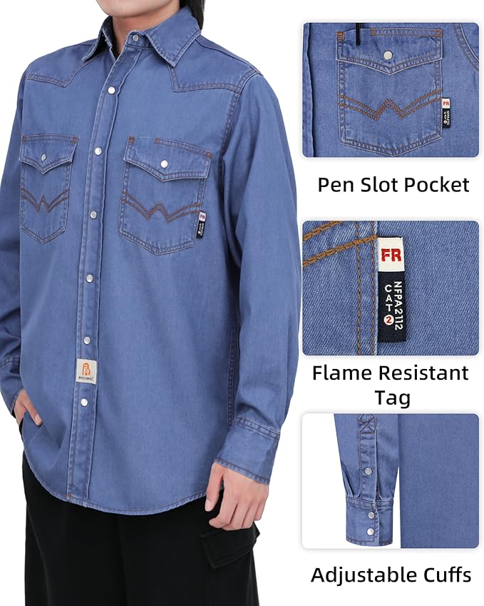 BOCOMAL FR Shirts 6.25oz Lightweight Welding Shirts Flame Resistant Men's Fire Retardant Shirt