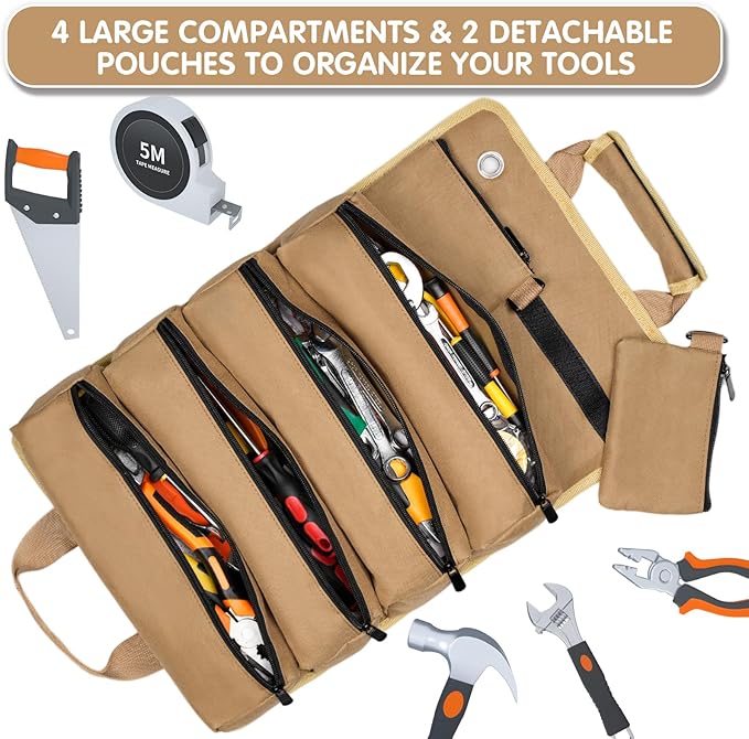 Roll Up Tool Bag, Heavy Duty Portable Tool Organizer with 2 Detachable Pouches and 4 Compartments, Water-Resistant Canvas Tool Roll for Car Garage Electrician Mechanic Handyman (Khaki)