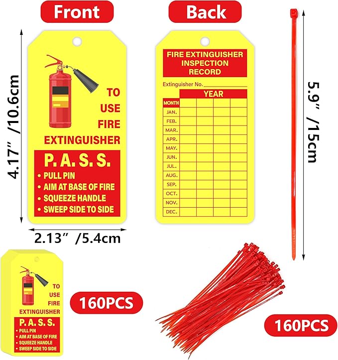 160 Sets Fire Extinguisher Tags with Adjustable Wire Ties Monthly Inspection Record Tags for Indoor Outdoor 4.2 x 2.1 Inch Yellow