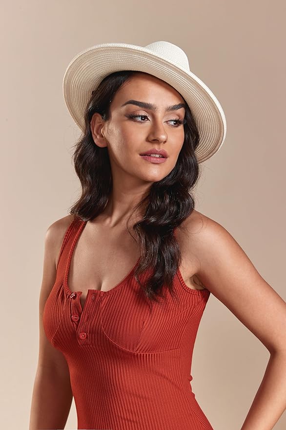 Joywant Womens Straw Fedora Beach Sun Hat, Packable Wide Brim Panama Hat for Women UV UPF50+ Summer Hat