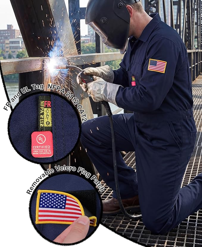 BOCOMAL FR Coveralls Men 7.5oz Cotton Twill Flame Resistant Fire Retardant Work Coverall NFPA 2112 HRC2