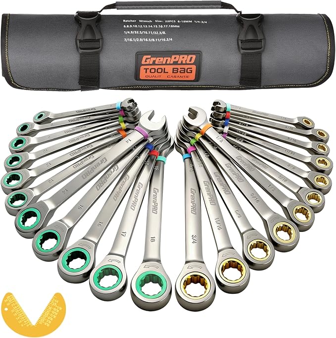 Ratcheting Wrench Set, Combination Wrench Set Metric And Standard & SAE With Color Ring, 1/4" to 3/4" & 6-18mm, 23PC Open End Ratchet Wrenches With Roll Up Pouch, CRV Socket Mechanic Tool Sets