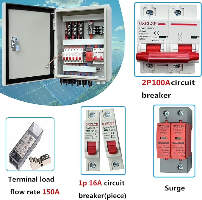 Solar Combiner Box 6 Strings 100A DC Main Circuit Breaker with Power Surge and 16A Circuit Breaker This PV Combiner Box is Suitable for On/Off-Grid Solar Power