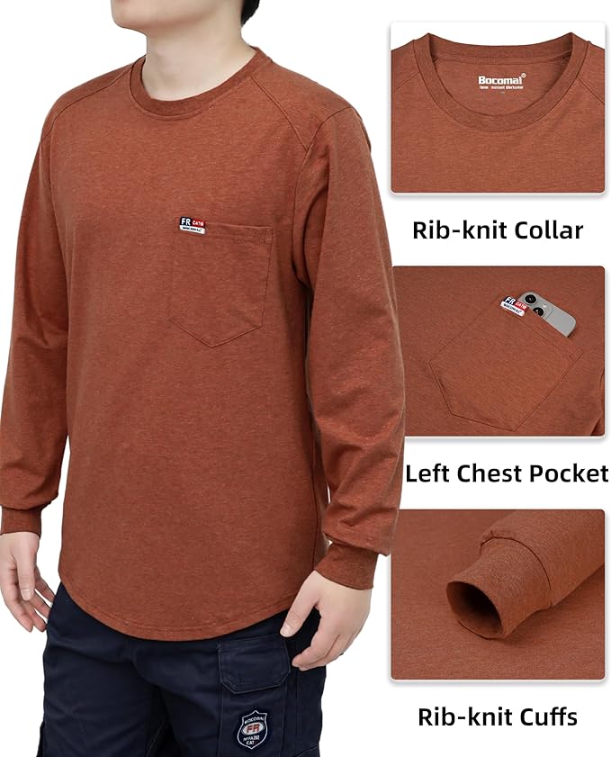 BOCOMAL Men's FR Shirts Long Sleeve Crewneck EX Soft Heather Series 6oz Midweight Flame Resistant Work T Shirt CAT2