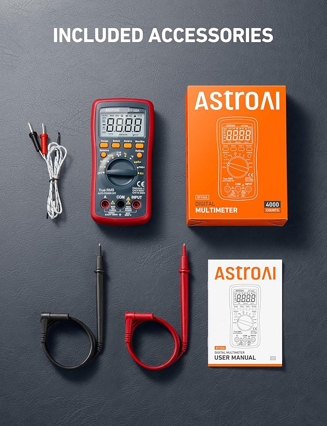 AstroAI Digital Multimeter, TRMS 4000 Counts Volt Meter (Manual and Auto Ranging); Measures Voltage Tester, Current, Resistance, Continuity, Frequency; Tests Diodes, Temperature (Red)