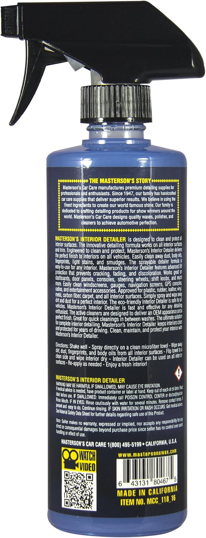 MASTERSON'S CAR CARE MCC_118_16 Interior Detailer and Protectant - Works On Dashboards, Screens, Navigation, Doors Panels, Cup Holders - Solar Protection Formula (16 oz)