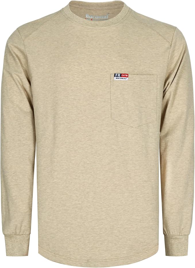 BOCOMAL Men's FR Shirts Long Sleeve Crewneck EX Soft Heather Series 6oz Midweight Flame Resistant Work T Shirt CAT2
