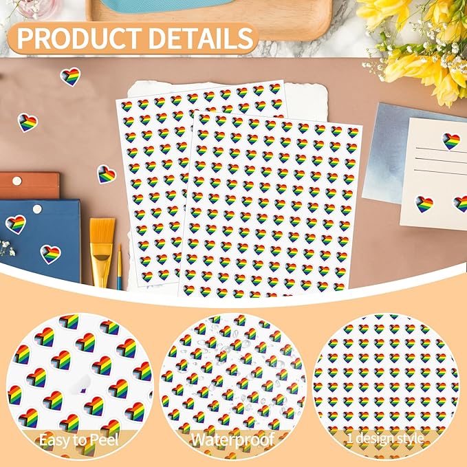 2400Pcs Mini Pride Progress Sticker Rainbow Heart Flag,LGBT Self-Adhesive Sticker for Planner Reward Envelope Scrapbook DIY Supplies,0.5 in