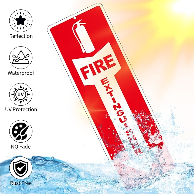 (4 Pack) Fire Extinguisher Signs – Strong Self Adhesive Fire Extinguisher Sign for Business, 12x4 Inch Aluminum Fire Extinguisher Signs Weather Resistant and Easy to Install (Red)