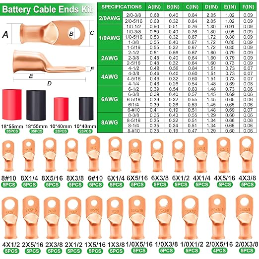 Twidec/230PCS Battery Cable Ends Kit AWG 8 6 4 2 1 1/0 2/0 Heavy Duty Copper Lugs Cable Wire Lugs,Copper Ring Terminals Connectors with Heat Shrink Tube and Hydraulic Crimping Tool 10 Tons with 9 Die