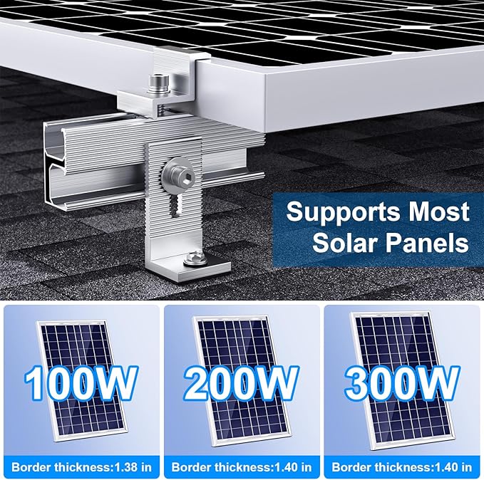 Solar Panel Mounting Bracket Kit, 10Pcs Solar Panel Mount for 1-4pcs Thickness 1.4” Solar Panels, with 10x 6 mini Rails 4X Water Drain Clips for Shingle,Slate,Metal and Tin roof
