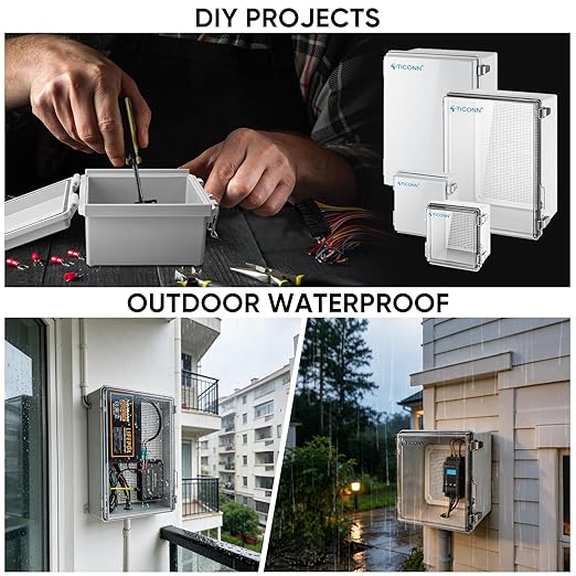 TICONN Outdoor Electrical Box Waterproof, Junction Box IP67 ABS Plastic Enclosure with Hinged Cover with Mounting Plate, Wall Brackets, Cable Glands (Off-White, 11"x7.5"x5.5")