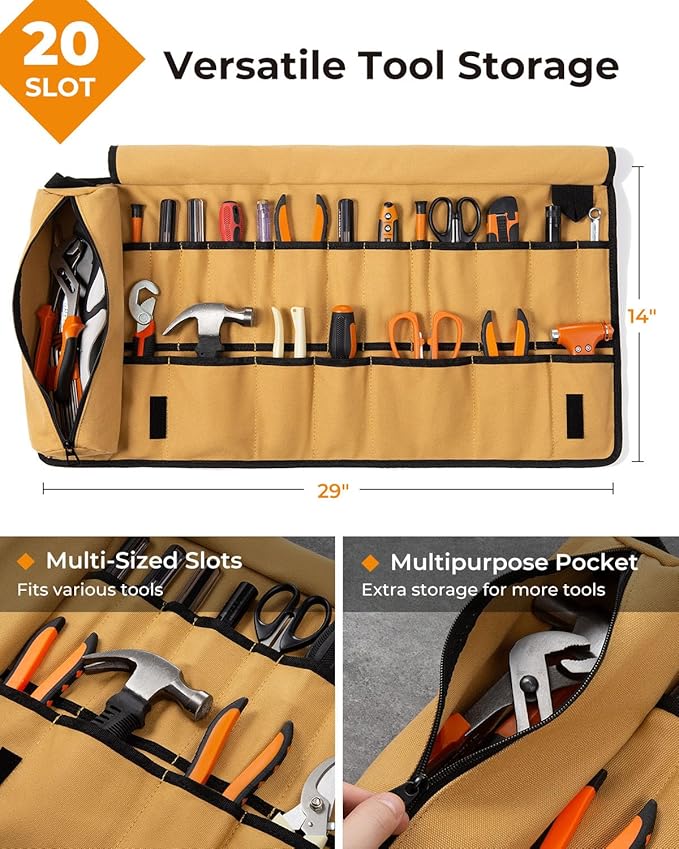 Tool Roll, Heavy Duty Tool Roll Bag Organizer, Roll Up Tool Pouch with 20 + 1 Pocket, Gifts for Men Father Dad Mechanic, Brown