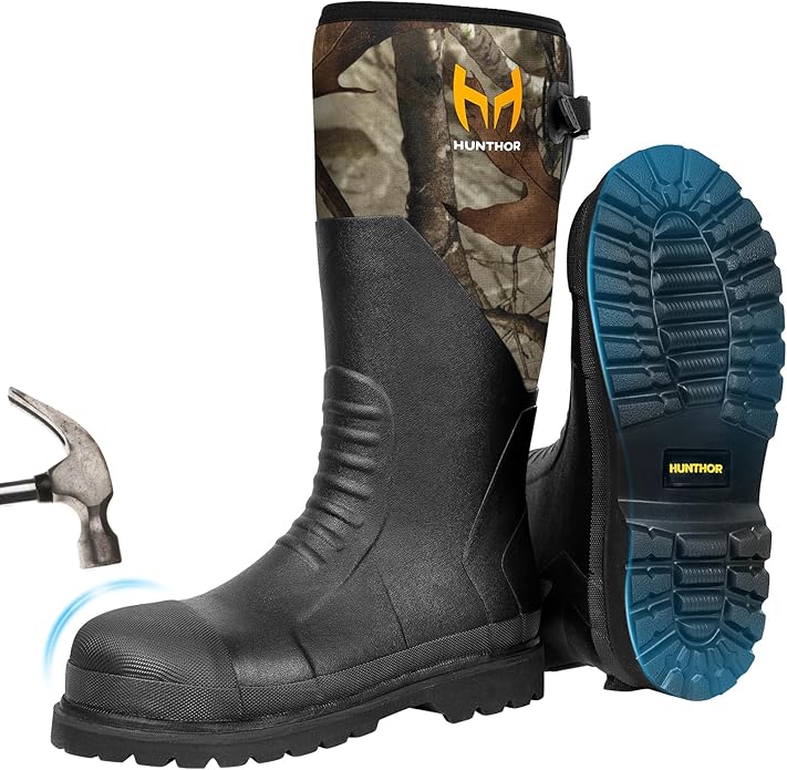 Rubber Work Boots, Puncture-Proof with Steel Toe & Shank, Lightweight Waterproof Anti Slip EVA Outsole Hunting Boots for Men, 6mm Neoprene for Construction, Manufacturing or Farming(Size 6-14)