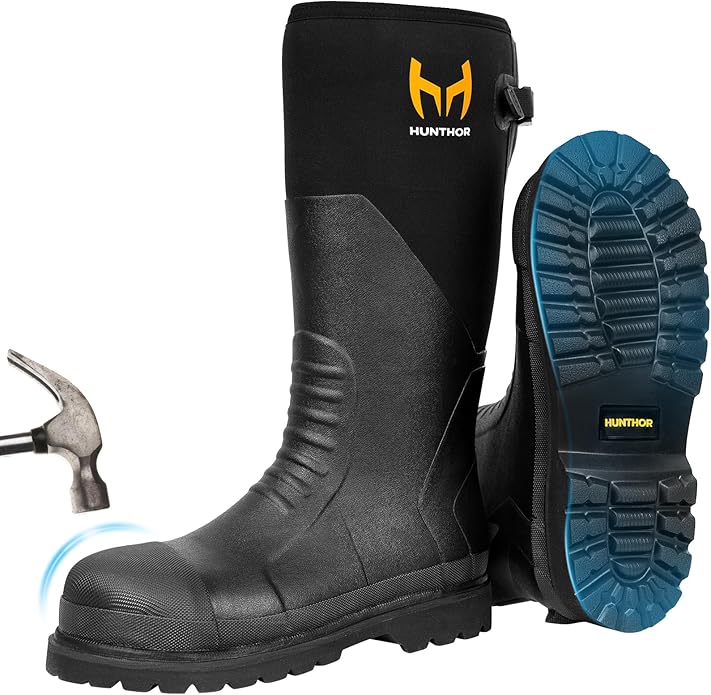 Rubber Work Boots, Puncture-Proof with Steel Toe & Shank, Lightweight Waterproof Anti Slip EVA Outsole Hunting Boots for Men, 6mm Neoprene for Construction, Manufacturing or Farming(Size 6-14)