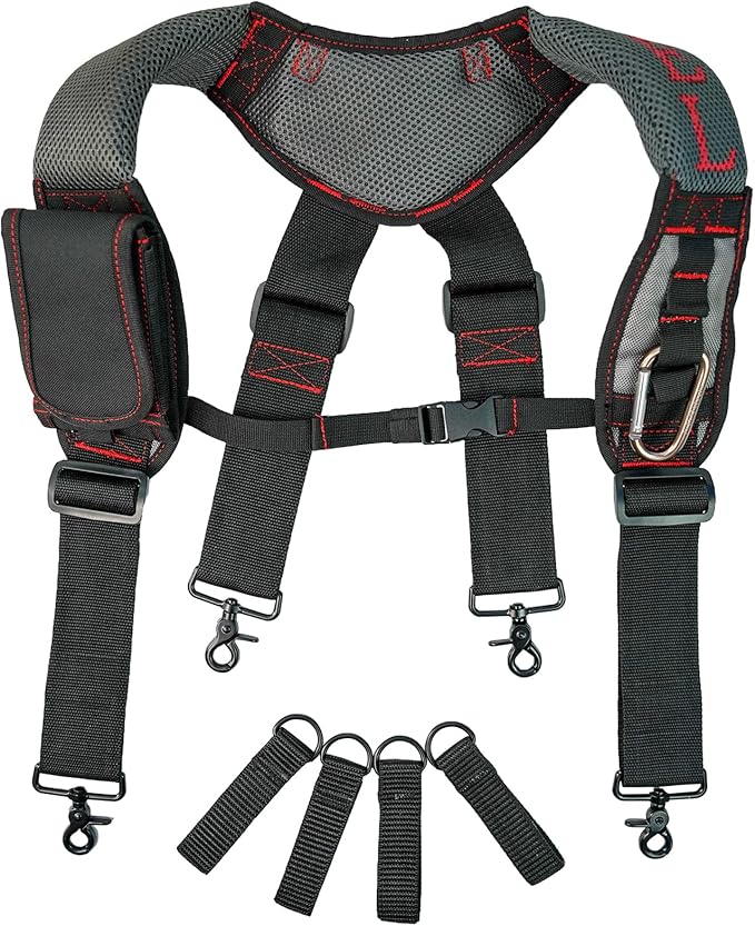 MELOTOUGH Gel Padded Tool Belt Suspenders Work Belt Suspender Tool Belt Suspenders with Gel shoulder for Electrician,Contruction,Carpenter (Trigger Snap Hook with Red Color)